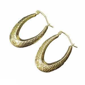 14K Solid Gold Oval Vintage Design Hoop Earrings